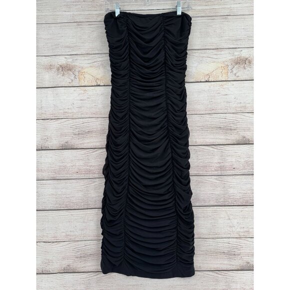 BHLDN Anthropologie Strapless Ruched Bodycon Midi Dress Women's‎ Small Black NEW - Picture 1 of 12
